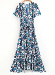 Summer Floral Printed Short Sleeve V Neck Slit Ruffle Hem Swing Maxi Dress