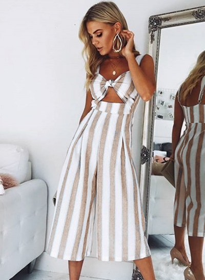 Fashion Sexy Striped Front Knot High Waist Wide Leg Jumpsuit With Pockets