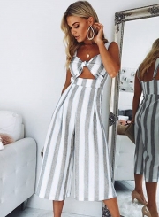 Fashion Sexy Striped Front Knot High Waist Wide Leg Jumpsuit With Pockets