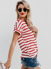 Casual Loose Striped Short Sleeve Round Neck Pullover Tee Shirt