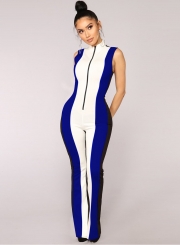 Fashion Splicing Colorblock Sleeveless Front Zip Wide Leg Jumpsuit