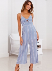 Casual Striped Spaghetti Strap V Neck Front Knot Wide Leg Jumpsuit