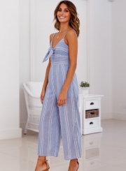 Casual Striped Spaghetti Strap V Neck Front Knot Wide Leg Jumpsuit