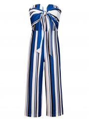 Fashion Striped Colorblock Chest Wrapped Front Bow Straight Jumpsuit