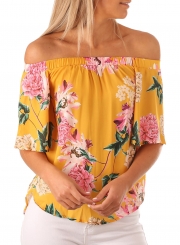 Casual Loose Yellow Floral Print Half Sleeve Off Shoulder Blouse