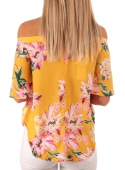 Casual Loose Yellow Floral Print Half Sleeve Off Shoulder Blouse