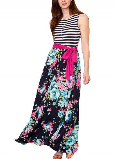 Blue Pink Floral Striped Sleeveless Waist Tie Boho Dress YOUYOUFASHIONEC.com