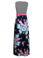 Blue Pink Floral Striped Sleeveless Waist Tie Boho Dress