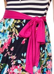 Blue Pink Floral Striped Sleeveless Waist Tie Boho Dress