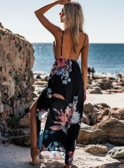 Fashion Chiffon Floral Printed Spaghetti Strap V Neck Slit Maxi Dress