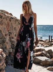 Fashion Chiffon Floral Printed Spaghetti Strap V Neck Slit Maxi Dress