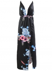 Fashion Chiffon Floral Printed Spaghetti Strap V Neck Slit Maxi Dress