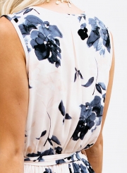 Fashion Boho Floral Printed Sleeveless V Neck Slit Maxi Dress