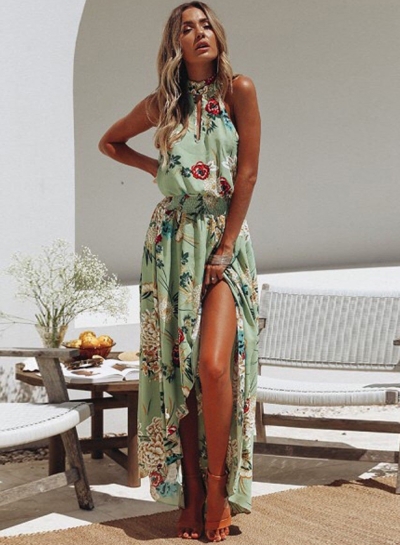 Summer Irregular Floral Printed Halter High Neck Elastic Waist Dress LEXELFASHIONINTSHOPS.com