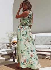 Summer Irregular Floral Printed Halter High Neck Elastic Waist Dress