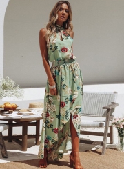 Summer Irregular Floral Printed Halter High Neck Elastic Waist Dress