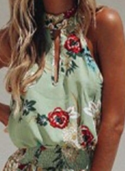 Summer Irregular Floral Printed Halter High Neck Elastic Waist Dress