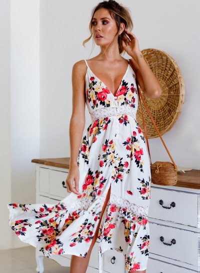 Summer Casual Floral Printed Lace Splicing Strappy V Neck Midi Dress