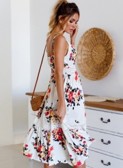 Summer Casual Floral Printed Lace Splicing Strappy V Neck Midi Dress