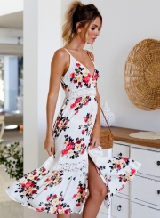 Summer Casual Floral Printed Lace Splicing Strappy V Neck Midi Dress