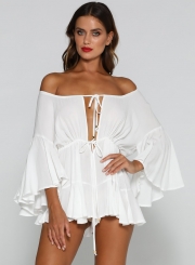Sexy Solid Long Flounce Sleeve Slash Neck Front Lace-Up Dress Romper