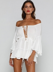 Sexy Solid Long Flounce Sleeve Slash Neck Front Lace-Up Dress Romper