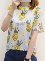 Summer Casual Loose Shiner Pineapple Pattern Short Sleeve Round Neck Tee