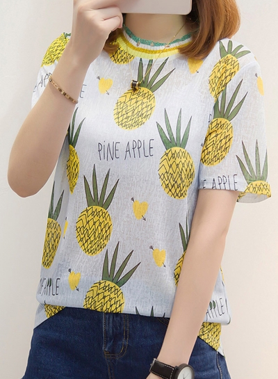 Summer Casual Loose Shiner Pineapple Pattern Short Sleeve Round Neck Tee