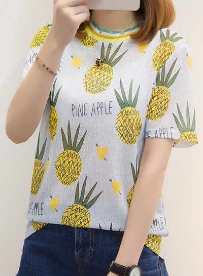 Summer Casual Loose Shiner Pineapple Pattern Short Sleeve Round Neck Tee STYLESIMO.com
