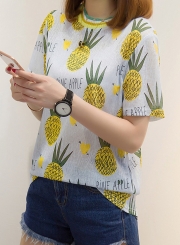 Summer Casual Loose Shiner Pineapple Pattern Short Sleeve Round Neck Tee