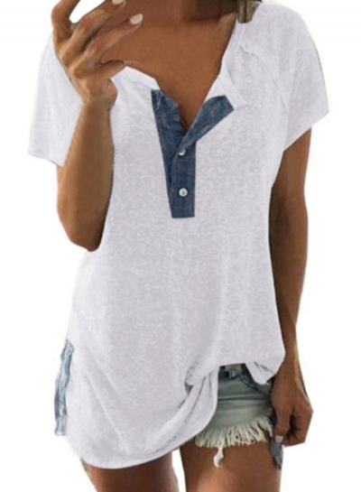 Casual Loose Colorblock Short Sleeve Round Neck Front Buttons Tee STYLESIMO.com