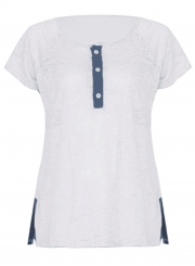 Casual Loose Colorblock Short Sleeve Round Neck Front Buttons Tee