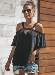 Fashion Sexy Loose Solid Short Flounce Sleeve V Neck Chiffon Tee