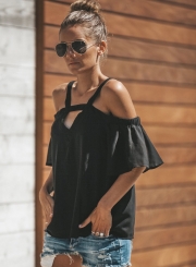 Fashion Sexy Loose Solid Short Flounce Sleeve V Neck Chiffon Tee