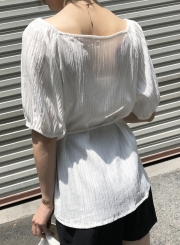Fashion Casual Solid Lantern Sleeve V Neck Waist Tie Button Down Shirt