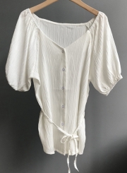 Fashion Casual Solid Lantern Sleeve V Neck Waist Tie Button Down Shirt