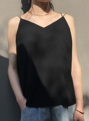 Summer Casual Solid Loose Backless Spaghetti Strap V Neck Tank