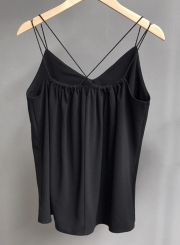 Summer Casual Solid Loose Backless Spaghetti Strap V Neck Tank