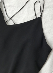 Summer Casual Solid Loose Backless Spaghetti Strap V Neck Tank