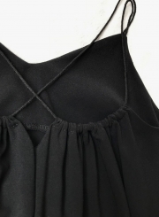 Summer Casual Solid Loose Backless Spaghetti Strap V Neck Tank