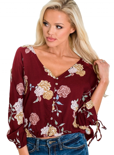 Summer Loose Floral Printed Long Sleeve Lace-Up V Neck Button Down Shirt