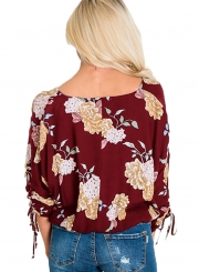 Summer Loose Floral Printed Long Sleeve Lace-Up V Neck Button Down Shirt