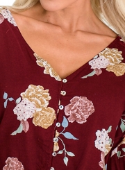 Summer Loose Floral Printed Long Sleeve Lace-Up V Neck Button Down Shirt