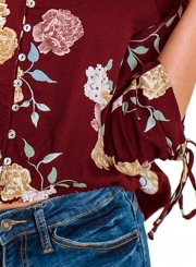 Summer Loose Floral Printed Long Sleeve Lace-Up V Neck Button Down Shirt