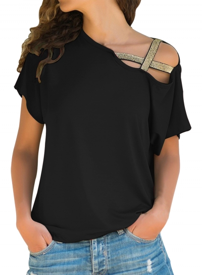Summer Fashion Loose Glittery Cross Inclined Shoulder Detail Tee STYLESIMO.com