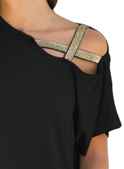 Summer Fashion Loose Glittery Cross Inclined Shoulder Detail Tee