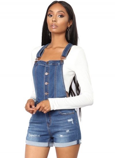 Casual Slim Roll-up Cuffs  Button Down Denim Short Overall With Pockets