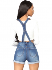 Casual Slim Roll-up Cuffs  Button Down Denim Short Overall With Pockets