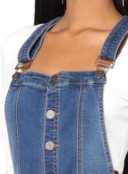 Casual Slim Roll-up Cuffs  Button Down Denim Short Overall With Pockets