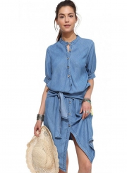 Casual Irregular Solid Roll-Tab Sleeve Single-Breasted Denim Shirt Dress